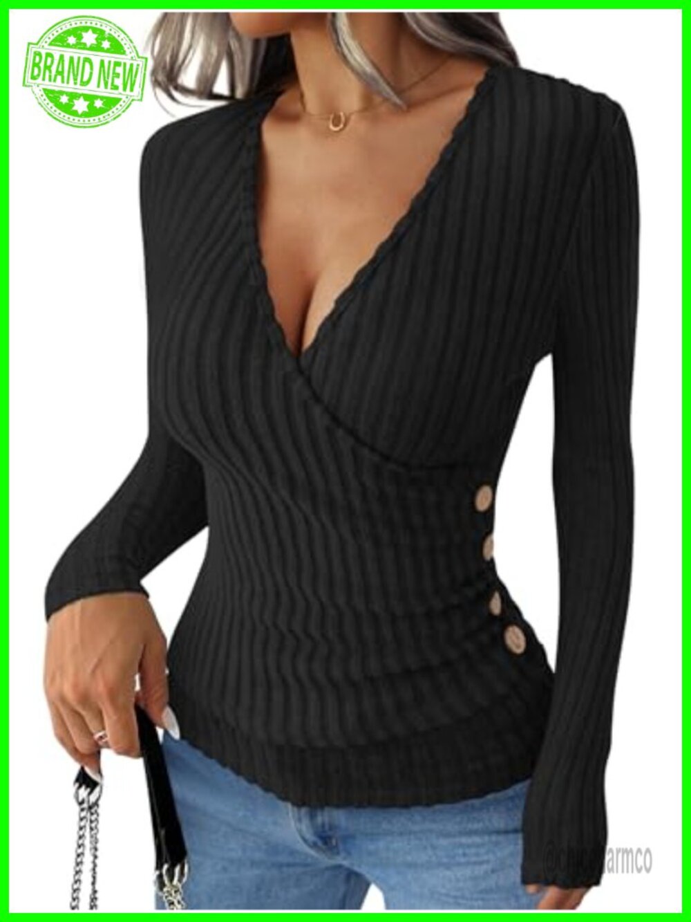 Women's V Neck Slim Fit Long Sleeve Top Button Side Fall Shirt